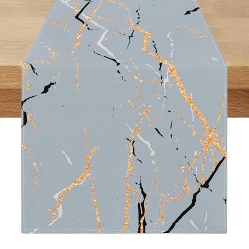 40 x 140 cm Tischläufer Modern Grau Weiß Tisch Läufer Leinen Marmor Goldene Textur Abstrakte Kunst Waschbarer Tischläufer Vintage für Frühling Sommer Esszimmer Küchentisch von Miuyunya