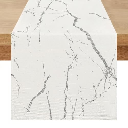 Frühlings Sommer Tischläufer Abwaschbar Modern 40 x 140 cm Weiß Grau Marmor Goldene Textur Tisch Läufer Leinen Abstrakte Waschbarer Tischläufer für Küchentisch, Esszimmer, Kommode von Miuyunya