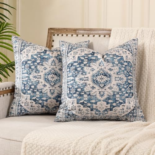 Miuyunya 2 Stück Boho Kissenbezüge Orientalisch 45x45 cm Bohemian Kissenbezug Blumen Blau Square Kissenhülle Ethno Vintage Teppichmuster Kissen Doppelseitig Dekorative für Garten Sofa Wohnzimmer von Miuyunya