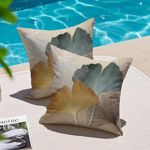 Miuyunya 2er Set Kissenbezüge Beige 45 x 45 Gelb Silbergrau Ginkgo Blätter Kissenbezug Deko Outdoor Wasserdicht Kissenbezügen Quadrat Dekorative Zierkissen Kissenhülle für Sofa Schlafzimmer von Miuyunya