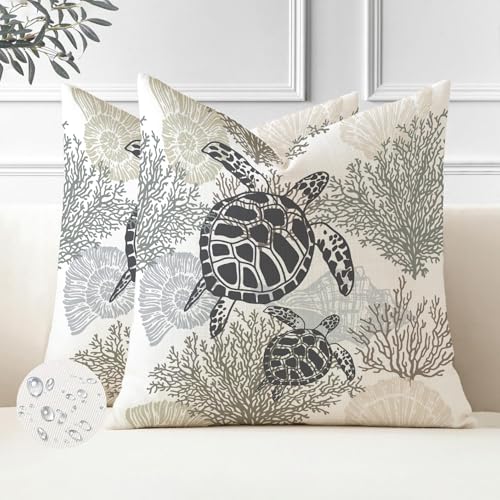 Miuyunya Outdoor Kissen Seestern 45x45 cm Wetterfest Maritim Kissenbezüge 2er Set Seepferdchen Schildkröte Seestern Kissenhülle Frühling Sommer Polster Wasserfest Kissenbezug für Garten Wohnzimmer von Miuyunya
