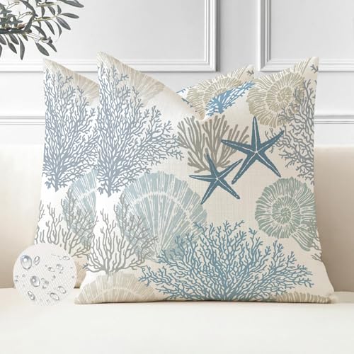 Miuyunya wasserdichte Kissenbezugen 2 Stück 40 x 40 cm Dekorative Outdoor Kissenbezug Frühling Sommer Blau Seestern Muschel Koralle Kissenhülle Ozean Thema Dekorative für Patio Garten Sofa von Miuyunya