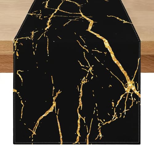 Tischläufer 180x40 Abwaschbar Leinen Tisch Läufer Modern Schwarz Gold Goldene Textur Abstrakte Tischdecke Läufer Frühlings Sommer Kunst Tischdecke für Esszimmer, Kommode, Schlafzimmer von Miuyunya