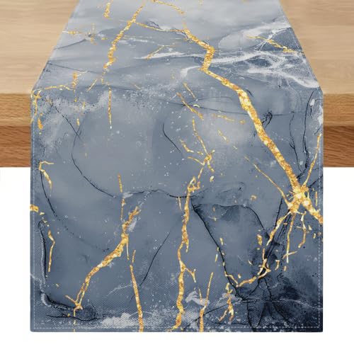 Tischläufer Abwaschbar Modern 40 x 140 cm Leinen Tischläufer Mediterran Blau Gold Marmor Goldene Textur Abstrakte Tischläufer Bunt Vintage Tisch Läufer für Esstisch Küchentisch Wohnzimmer von Miuyunya