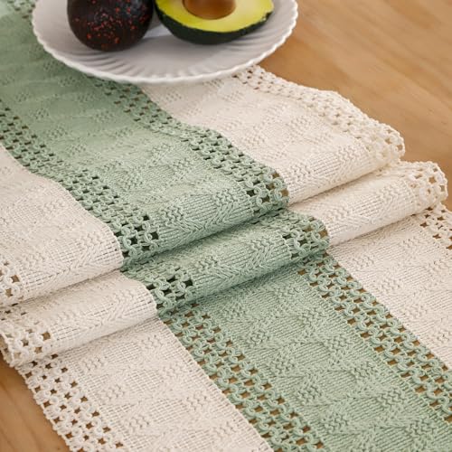 Tischläufer Eukalyptus Grün Makramee Boho Baumwollflachs Tischband 30 X 183 Häkelspitze Mesh Landhausstil Waschbar Läufer Tisch Modern Böhmische Dekoration für Küche Hochzeit Tabletop Dekor von Miuyunya
