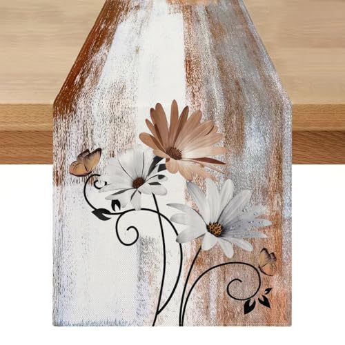 Tischläufer Modern 40x140 Weiß Orange Tischläufer Wasserabweisend Outdoor Tischdeko Pflanzen Blumen Esstisch Dekoration Abwaschbar für Esszimmer Party Couchtisch Bauernhaus von Miuyunya