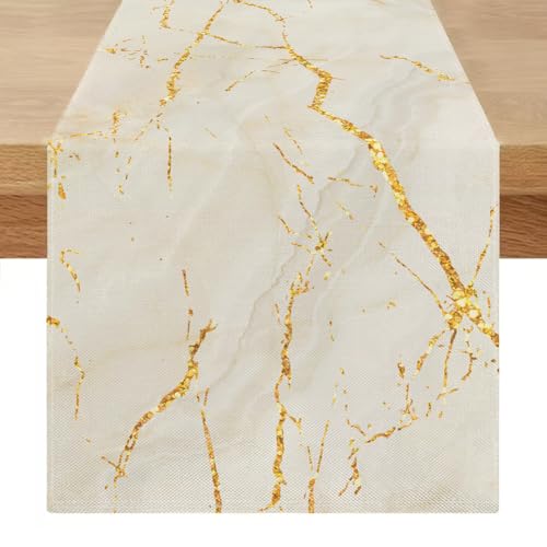 Tischläufer Modern Frühlings Sommer Weiß Gold 40 x 100 cm Leinen Tischläufer Marmor Goldene Textur Abstrakte Kunst Tisch Läufer für Kaffee, Esszimmer, Kommode, Beistelltisch, Schlafzimmer von Miuyunya