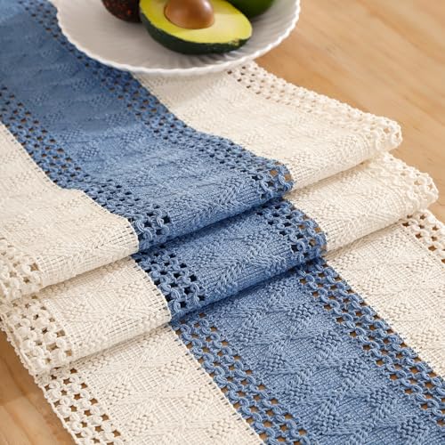 Tischläufer Weiß Makramee Boho Baumwollflachs 30 X 183 Häkelspitze Mesh Tischband Landhausstil Waschbar Blau Läufer Tisch Modern Böhmische Dekoration für Küche Hochzeit Tabletop Dekor von Miuyunya