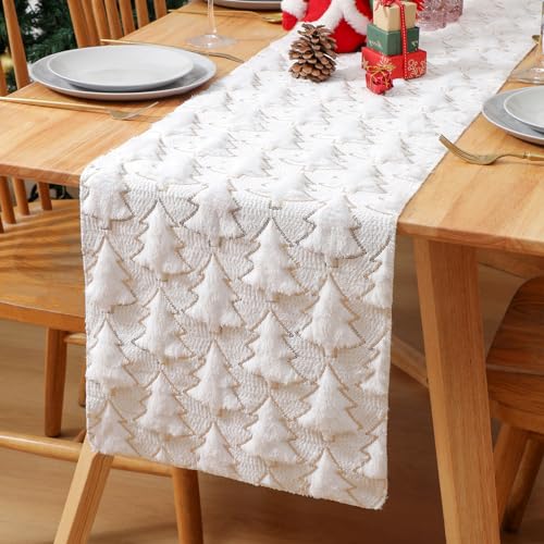 Tischläufer Weiß Weihnachten Abwaschbar 30 cm Breit Weihnachtliche Tischläufer Modern Kurz Beige Creme Weihnachtsbaum Gold Jacquard Winter Weihnachtsdeko Landhausstil für Kommode 33x140cm von Miuyunya