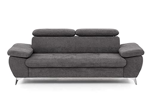 Mivano 3er-Sofa Gisele / Sofagarnitur mit Kopfteilverstellung und Armteilfunktion / 217 x 83 x 100 / Velours, Dunkelgrau von Mivano