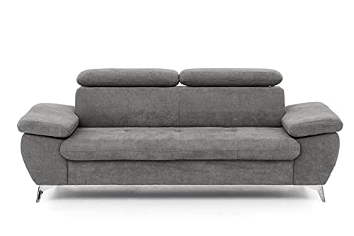 Mivano 3er-Sofa Gisele / Sofagarnitur mit Kopfteilverstellung und Armteilfunktion / 217 x 83 x 100 / Velours, Grau von Mivano