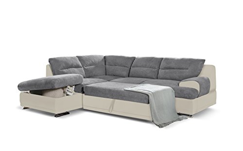 Mivano Schlafsofa Coast / Großes Ecksofa mit Schlaffunktion, Stauraum und Ottomane links / 264 x 88 x 217 / Materialmix: Grau/Beige von Mivano