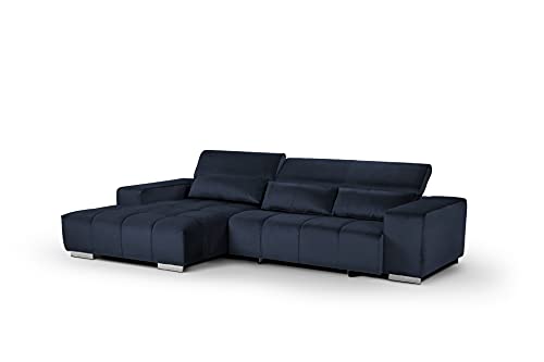 Mivano Eckcouch Orion / Großes Ecksofa mit XL-Recamiere inkl. Relaxfunktion, Kopfteilfunktion und Kissen / 307 x 73 x 186 / Velours, Blau von Mivano