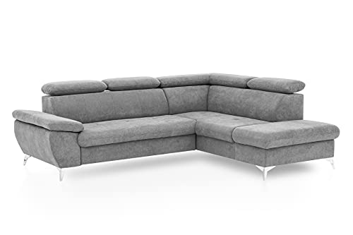 Mivano Ecksofa Gisele / Eckcouch mit Schlaffunktion, Stauraum, Armteilfunktion und Kopfteilverstellung / 256 x 83 x 209 / Velours, Hellgrau von Mivano