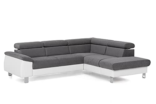 Mivano Ecksofa Micky mit Ottomane / Eckcouch mit Bettfunktion, kleinem Bettkasten und Kopfteilverstellung / 249 x 72 x 207 / Mikrofaser/Kunstleder, Grau/Weiß von Mivano