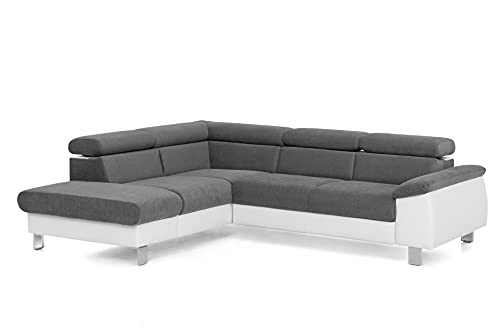 Mivano Ecksofa Micky mit Ottomane / Eckcouch mit Bettfunktion, kleinem Bettkasten und Kopfteilverstellung / 249 x 72 x 207 / Mikrofaser/Kunstleder, Grau/Weiß von Mivano