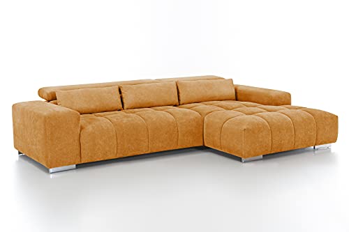 Mivano Ecksofa Orion / Große Eckcouch mit XL-Recamiere, Kopfteilfunktion und Kissen / 307 x 73 x 186 / Mikrofaser, Gelb von Mivano