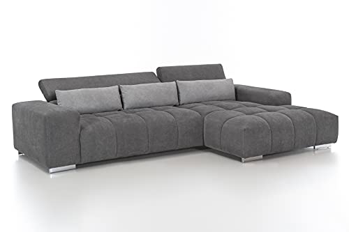 Mivano Ecksofa Orion / Große Eckcouch mit XL-Recamiere, Kopfteilfunktion und Kissen / 307 x 73 x 186 / Mikrofaser, Grau/Hellgrau von Mivano