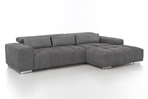 Mivano Ecksofa Orion / Große Eckcouch mit XL-Recamiere, Kopfteilfunktion und Kissen / 307 x 73 x 186 / Mikrofaser, Grau von Mivano