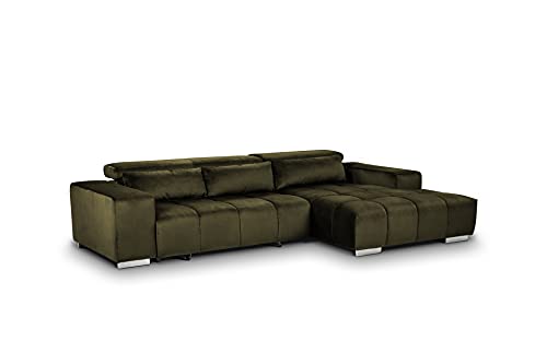 Mivano Ecksofa Orion / Große Eckcouch mit XL-Recamiere inkl. Relaxfunktion, Kopfteilfunktion und Kissen / 307 x 73 x 186 / Velours, Grün von Mivano