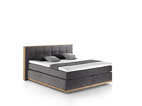 Mivano Levana Boxspringbett mit Sockel aus Eiche, 7-Zonen-Federkern, Matratzen H2/H3 + Topper Premium, Mikrofaser, Anthrazit, Liegefläche 180 x 200 cm von Mivano