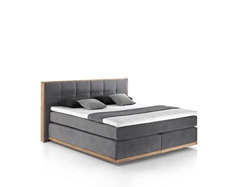 Mivano Levana Boxspringbett mit Sockel aus Eiche, 7-Zonen-Federkern, Matratzen H2/H3 + Topper Premium, Mikrofaser, Dunkelgrau, Liegefläche 180 x 200 cm von Mivano