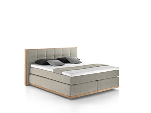 Mivano Levana Boxspringbett mit Sockel aus Eiche, 7-Zonen-Federkern, Matratzen H3 + Topper Premium, Chenille, Beige, Liegefläche 200 x 200 cm von Mivano