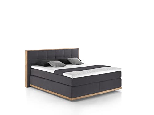 Mivano Levana Boxspringbett mit Sockel aus Eiche, 7-Zonen-Federkern, Matratzen H3/H4 + Topper Premium, Chenille, Grau, Liegefläche 200 x 200 cm von Mivano