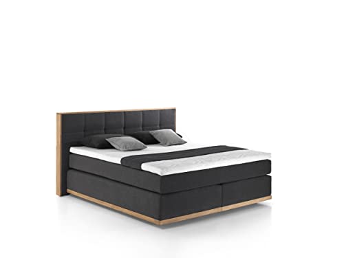 Mivano Levana Boxspringbett mit Sockel aus Eiche, 7-Zonen-Federkern, Matratzen H2/H4 + Topper Premium, Chenille, Schwarz, Liegefläche 200 x 200 cm von Mivano