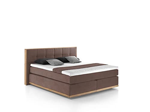 Mivano Levana Boxspringbett mit Sockel aus Eiche, 7-Zonen-Federkern, Matratzen H2/H4 + Topper Premium, Mikrofaser, Braun, Liegefläche 200 x 200 cm von Mivano