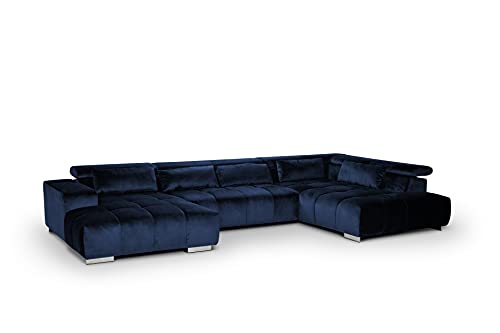 Mivano Wohnlandschaft Orion / Riesige Couch in U-Form inkl. XL-Recamiere und Kopfteilfunktion / 409 x 73 x 225 / Velours, Blau von Mivano