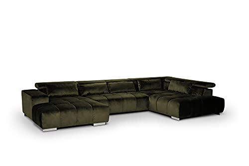 Mivano Wohnlandschaft Orion / Riesige Couch in U-Form inkl. XL-Recamiere und Kopfteilfunktion / 409 x 73 x 225 / Velours, Grün von Mivano