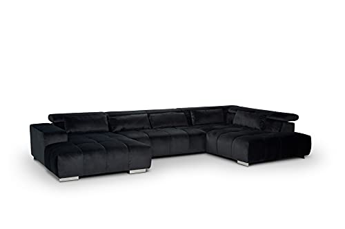 Mivano Wohnlandschaft Orion / Riesige Couch in U-Form inkl. XL-Recamiere und Kopfteilfunktion / 409 x 73 x 225 / Velours, Schwarz von Mivano