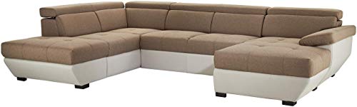 Mivano Wohnlandschaft Speedway, Modernes U-Form-Schlafsofa mit Stauraum und verstellbaren Kopfstützen, 332 x 79 x 222, Zweifarbiger Bezug, Braun/Hellgrau von Mivano