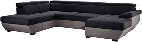 Mivano Wohnlandschaft Speedway, Modernes U-Form-Schlafsofa mit Stauraum und verstellbaren Kopfstützen, 332 x 79 x 222, Zweifarbiger Bezug, Schwarz/Grau von Mivano