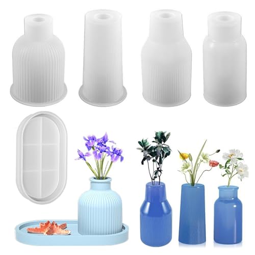 Mivanta 5 Stück Vase Silikonform Set, 4 Blumenvase + 1 Tablett, DIY Vases Resin Formen, silikonform kleine vase, keraquick formen blumenvase von Mivanta