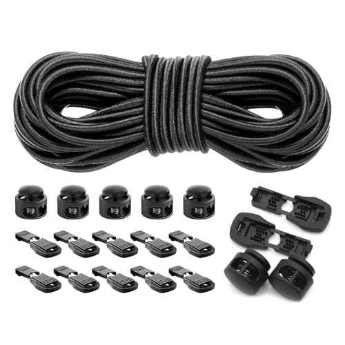 Mivanta Kordelstopper 3mm x 10m Gummikordel 20 Stück Kordelstopper, 40 Stück Seilklemmen Gummikordel Schnurstopper, Kordelklemme für Schnürsenkel, Schnellverschluss für Kleidung und Outdoor-Ausrüstung von Mivanta