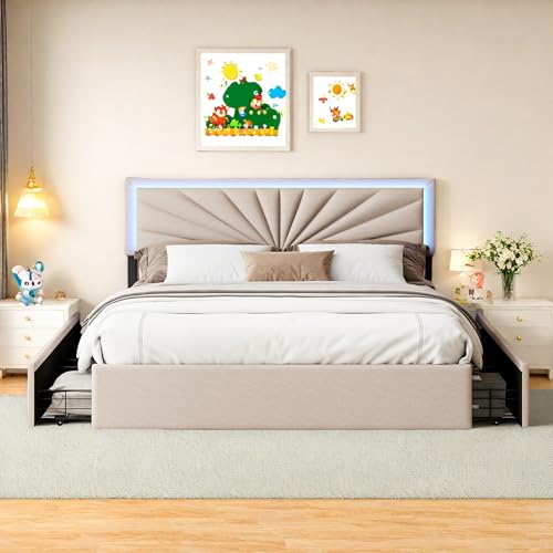 Doppelbett 140x200 mit Stauraum, Funktionsbett Jugendbett mit 4 Schubladen, Ehebett mit LED-Beleuchtung Kopfteil, Polsterbett Bettgestell mit Lattenrost, Beige, Leinen, Ohne Matratze (140 × 200 cm) von Mivrel