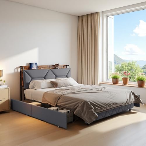 Jugendbett Polsterbett 140x200 mit Stauraum, Doppelbett mit 3 USB und 1 Typ-C, Stauraumbett Funktionsbett mit 4 Schubladen, Bettgestell mit Lattenrost, Leinen, Grau, Ohne Matratze (140 × 200 cm) von Mivrel