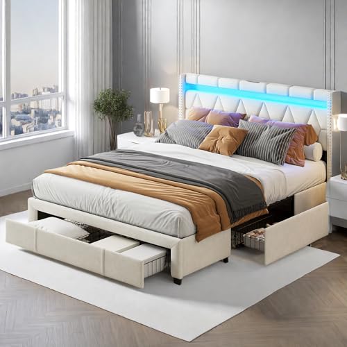 LED Jugendbett 140x200 mit 2 USB und 1 Typ-C, Polsterbett mit 4 Schubladen, Funktionsbett Ehebett mit Ablagen Kopfteil, Doppelbett Bettgestell mit Lattenrost, Leinen, Ohne Matratze (Beige, 140 × 200) von Mivrel