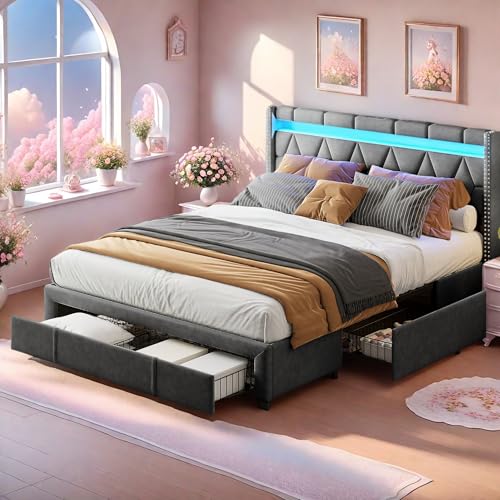 LED Jugendbett 140x200 mit 2 USB und 1 Typ-C, Polsterbett mit 4 Schubladen, Funktionsbett Ehebett mit Ablagen Kopfteil, Doppelbett Bettgestell mit Lattenrost, Leinen, Ohne Matratze (Grau, 140 × 200) von Mivrel