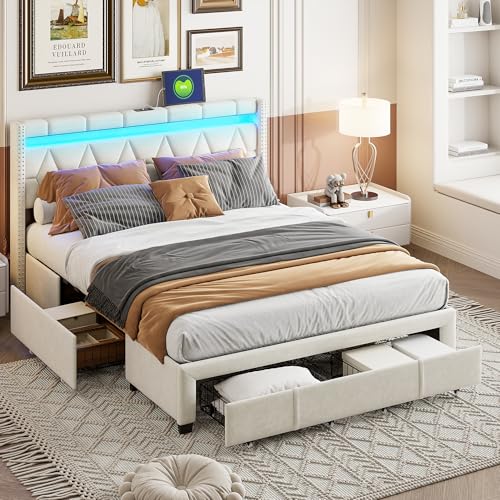 LED Jugendbett 160x200 mit 2 USB und 1 Typ-C, Polsterbett mit 4 Schubladen, Funktionsbett Ehebett mit Ablagen Kopfteil, Doppelbett Bettgestell mit Lattenrost, Leinen, Ohne Matratze (Beige, 160 × 200) von Mivrel