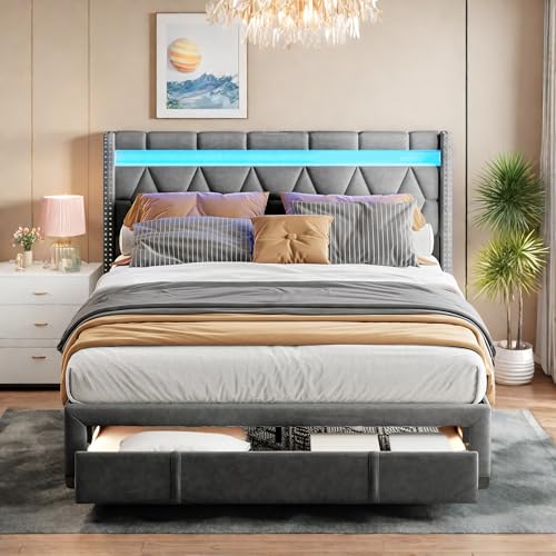 LED Jugendbett 160x200 mit 2 USB und 1 Typ-C, Polsterbett mit 4 Schubladen, Funktionsbett Ehebett mit Ablagen Kopfteil, Doppelbett Bettgestell mit Lattenrost, Leinen, Ohne Matratze (Grau, 160 × 200) von Mivrel