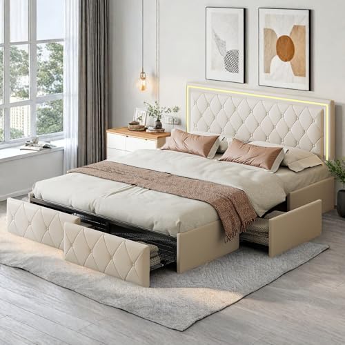 LED Polsterbett Doppelbett, Funktionsbett Jugendbett 140x200 mit Stauraum, Ehebett mit 4 Schubladen, Stauraumbett Bettgestell mit Lattenrost, Kunstleder, Ohne Matratze (Beige, 140 × 200) von Mivrel