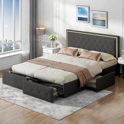 LED Polsterbett Doppelbett, Funktionsbett Jugendbett 140x200 mit Stauraum, Ehebett mit 4 Schubladen, Stauraumbett Bettgestell mit Lattenrost, Kunstleder, Ohne Matratze (Grau, 140 × 200) von Mivrel