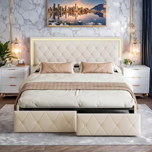 LED Polsterbett Doppelbett, Funktionsbett Jugendbett 160x200 mit Stauraum, Ehebett mit 4 Schubladen, Stauraumbett Bettgestell mit Lattenrost, Kunstleder, Ohne Matratze (Beige, 160 × 200) von Mivrel