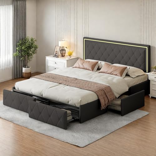 LED Polsterbett Doppelbett, Funktionsbett Jugendbett 160x200 mit Stauraum, Ehebett mit 4 Schubladen, Stauraumbett Bettgestell mit Lattenrost, Kunstleder, Ohne Matratze (Grau, 160 × 200) von Mivrel