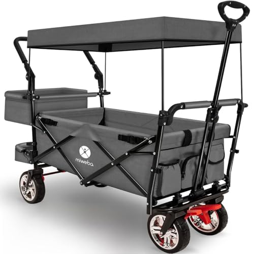 Miweba Faltbarer Bollerwagen MB-20 | Sonnendach UV-beständig - 2X Anschnallgurte - Transportwagen für Kinder - Traglast 100 Kg - Wagen - Feststellbremse - Hartgummireifen (Grau) von Miweba