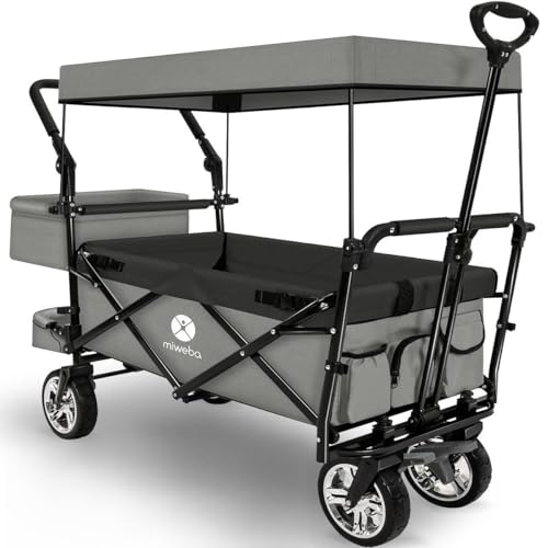 Miweba Faltbarer Bollerwagen MB-20 | Sonnendach UV-beständig - 2X Anschnallgurte - Transportwagen für Kinder - Traglast 100 Kg - Wagen - Feststellbremse - Hartgummireifen (Hellgrau/Dunkelgrau V2) von Miweba