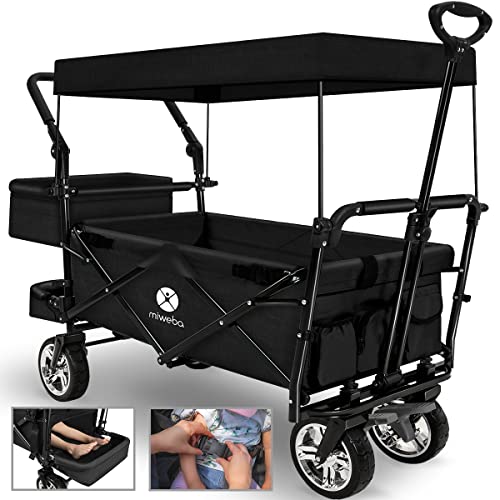 Miweba Faltbarer Bollerwagen MB-20 | Sonnendach UV-beständig - 2X Anschnallgurte - Transportwagen für Kinder - Traglast 100 Kg - Wagen - Feststellbremse - Hartgummireifen (Schwarz) von Miweba